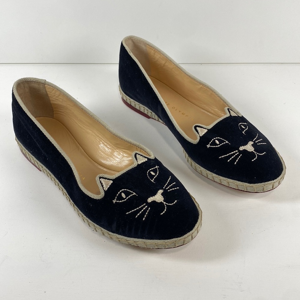 Charlotte Olympia Incy‎ Venetian cats flats Capri Cats Velvet Slipper, Black